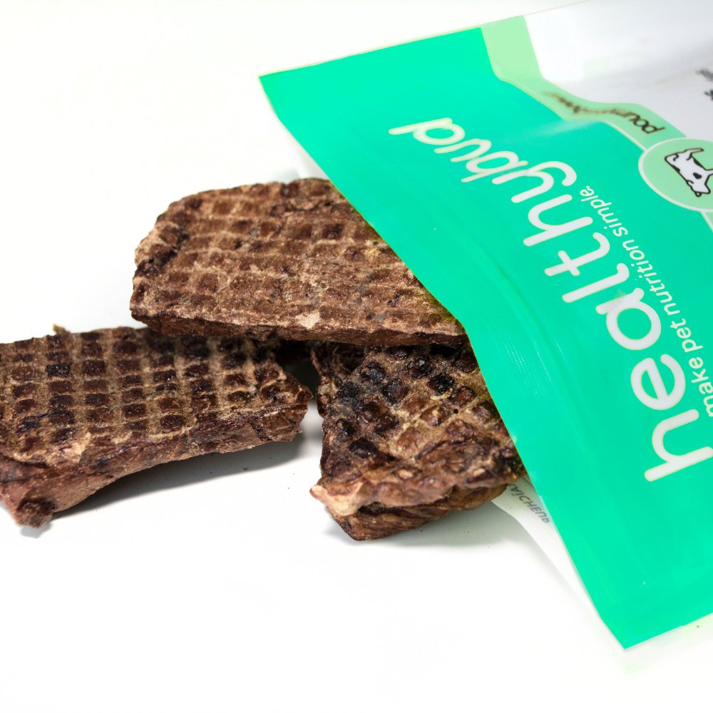 Close-up of Healthybud Beef Lung Wafers - all-natural, high-protein, and high-reward dog treats.