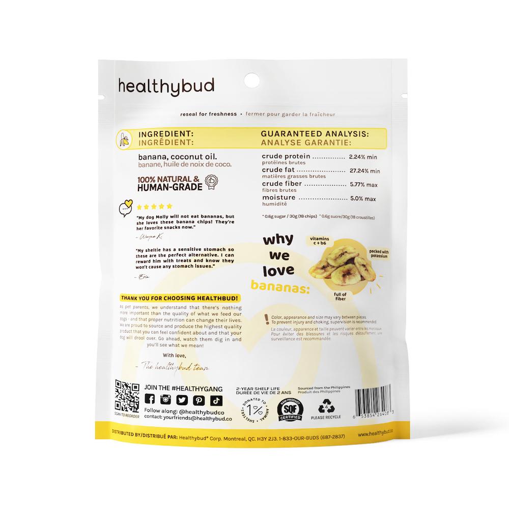 Back of Healthybud Banana Chips bag for dogs, showing ingredients and nutritional information. Natural and vegan.