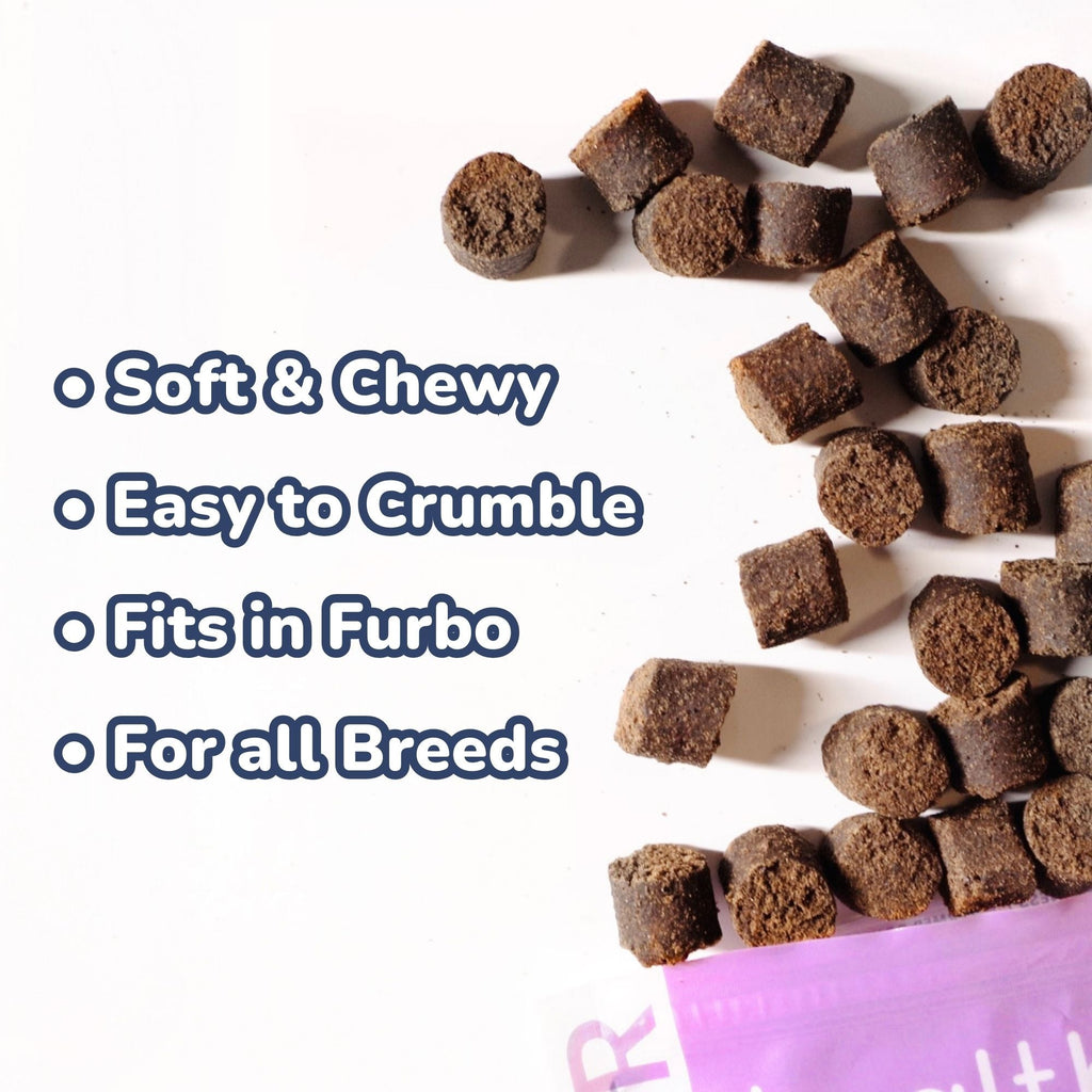 Close-up of Healthybud Beef Joint Booster treats - soft, chewy, and packed with superfoods for joint health.