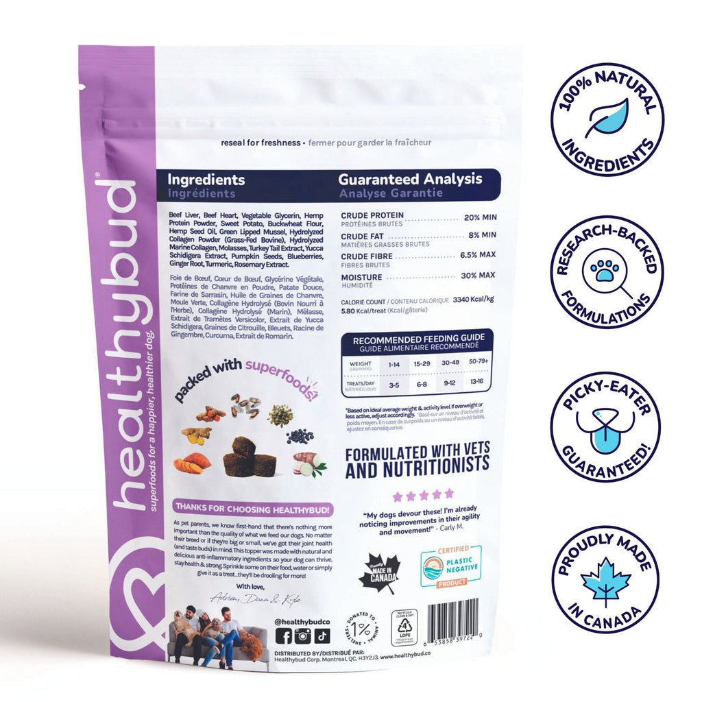 Back of Healthybud Beef Joint Booster bag - ingredients and nutritional info. Reduces pain and inflammation, for all dogs.