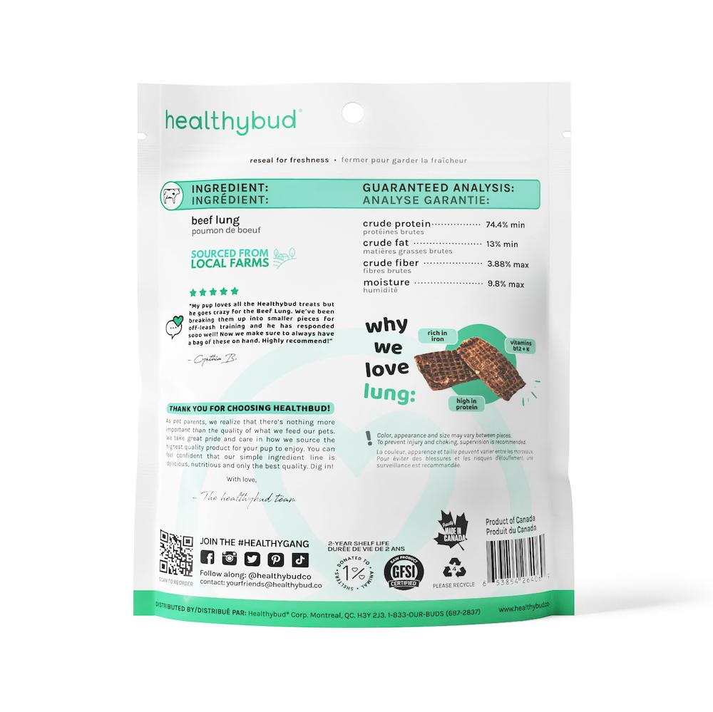 Back of Healthybud Beef Lung Wafers bag for dogs - ingredients & nutritional information. High in protein, iron, & nutrients.