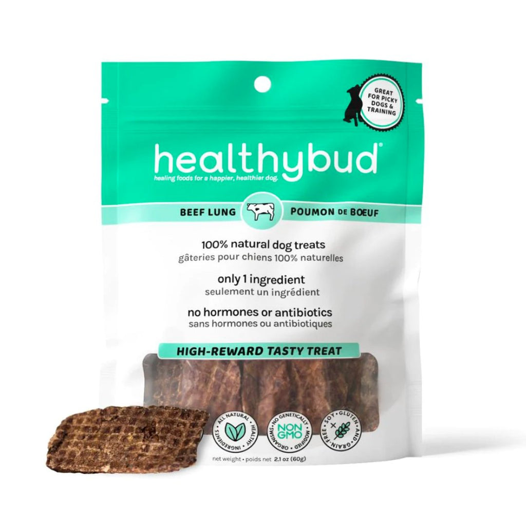 Front of Healthybud Beef Lung Wafers bag for dogs - high-reward, protein-packed treats. Perfect for picky eaters.