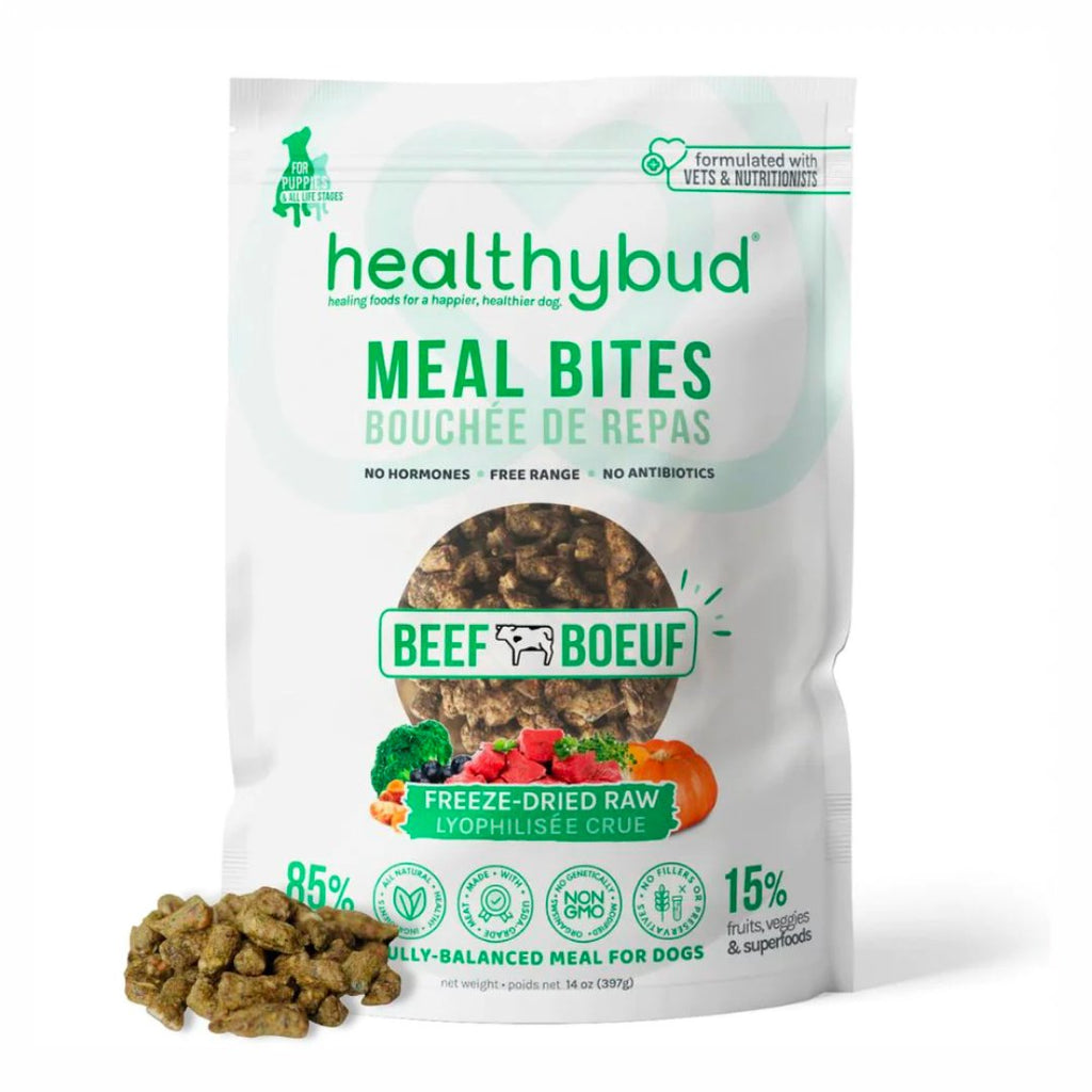 Front of Healthybud Beef Meal Bites bag - freeze-dried raw meal with beef, organs, and superfoods.