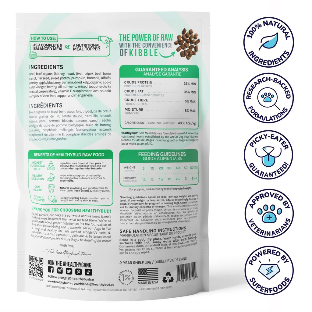 Back of Healthybud Beef Meal Bites bag - ingredients include beef, organs, sweet potato, blueberries, and more.