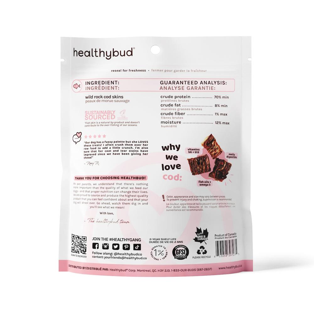 Back of Healthybud Cod Skin Cubes bag - ingredients include 100% wild-caught Pacific cod skins, rich in Omega-3.