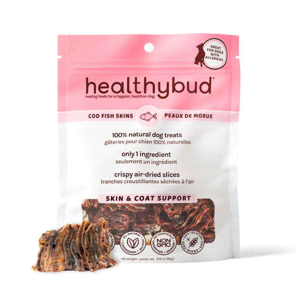 Front of Healthybud Cod Skin Cubes bag - hypoallergenic, crunchy treats for healthy skin and coat.