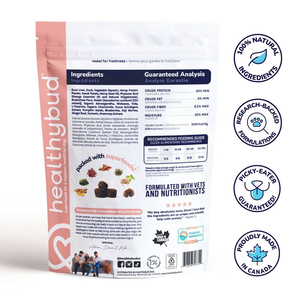 Back of Healthybud Duck Calming Aid bag - ingredients include Sweet Potato, Hemp Oil, Reishi, and Chamomile.
