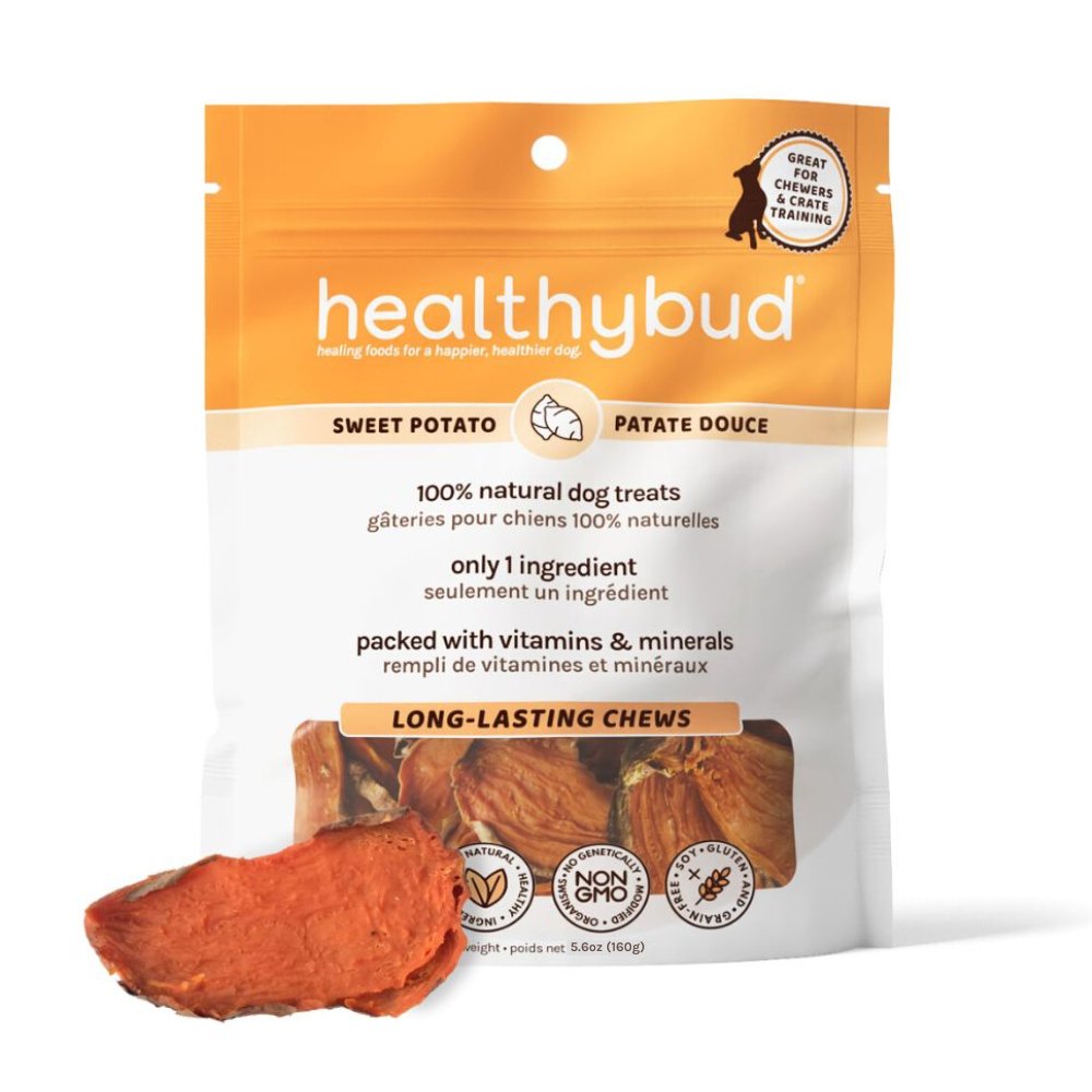 Front of Healthybud Sweet Potato Treats bag - natural, vegan treats for dogs with sensitive stomachs.