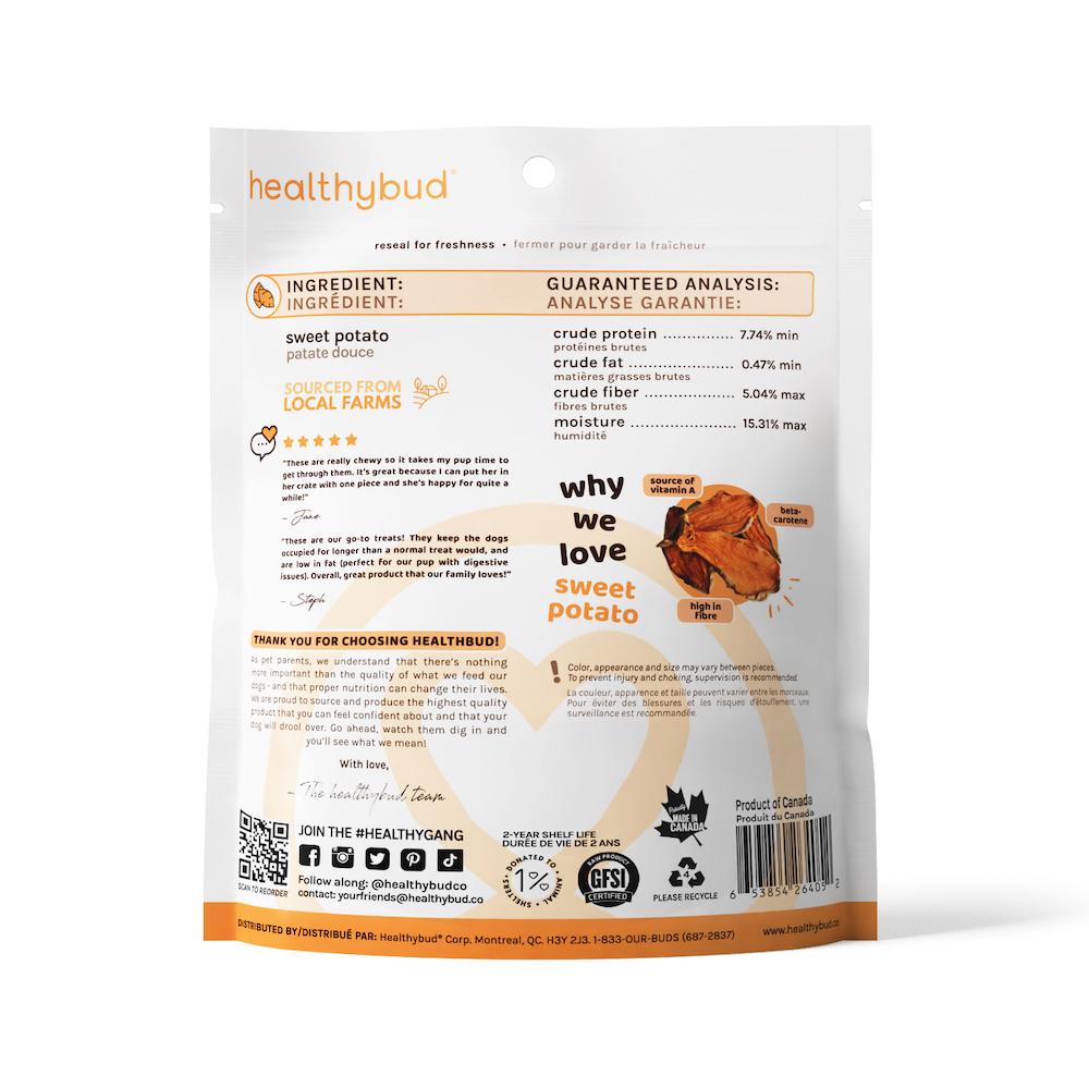 Back of Healthybud Sweet Potato Treats bag - ingredients include Sweet Potato, rich in vitamins and fiber.