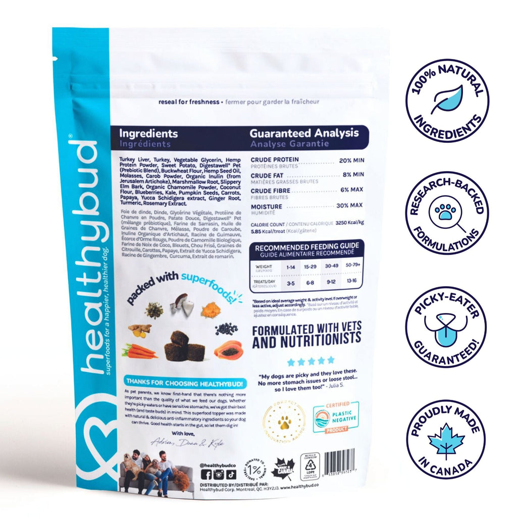 Back of Healthybud Turkey Gut Booster bag - ingredients and nutritional info. Supports gut health and digestion.