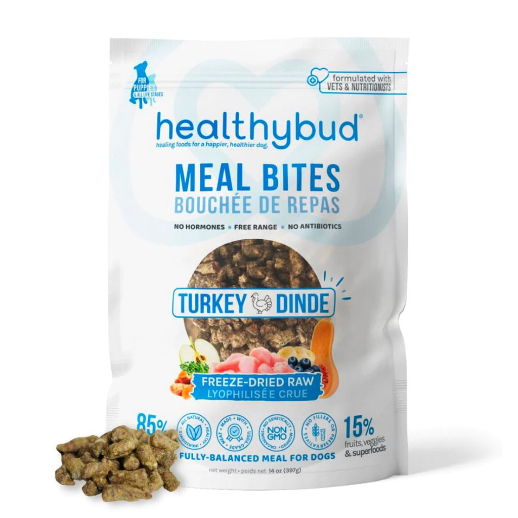 Front of Healthybud Turkey Meal Bites bag - freeze-dried raw meal with turkey, organs, and superfoods.