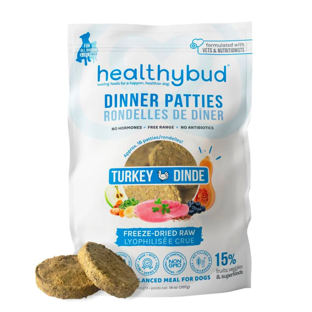 Front of Healthybud Turkey Meal Patties bag - freeze-dried raw meal with turkey, organs, and superfoods.